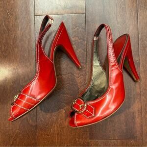 Paolo Dark Hyacinth Orange Leather Heels with Rhinestone & Gold Hardware, Size 7